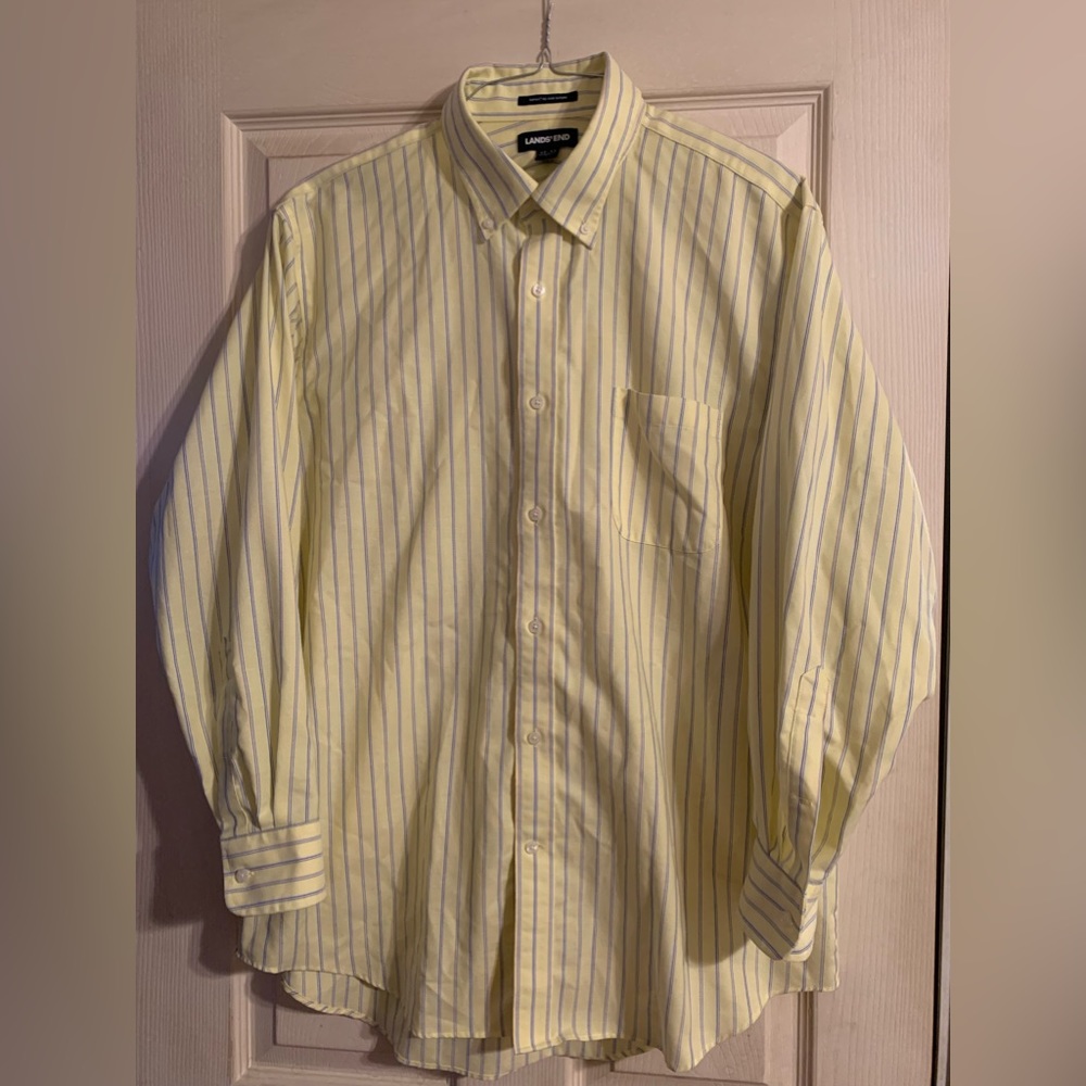 Lands End Stripped Traditional Fit No Iron Button Down Front Pocket Size 17x33